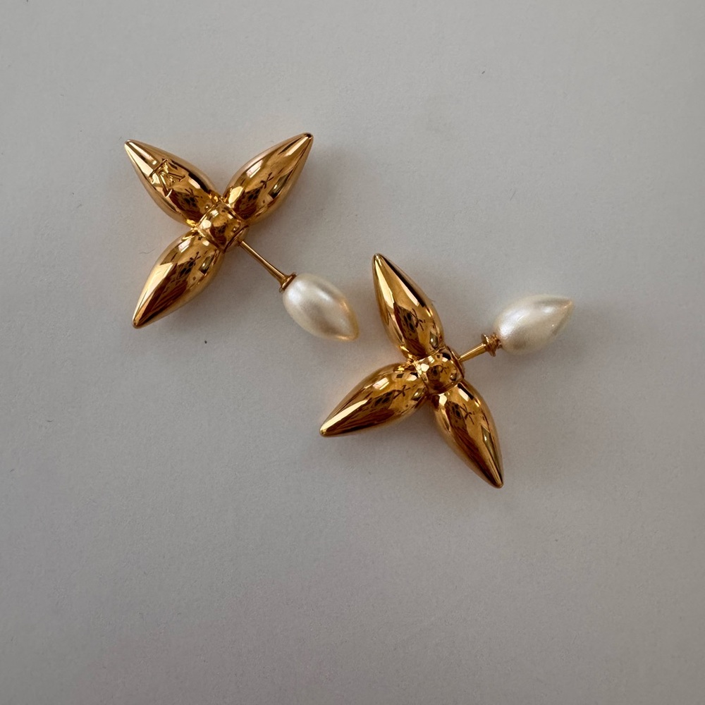 Louis Vuitton Earrings Elegant Gold Cross Pearl Drop Earrings